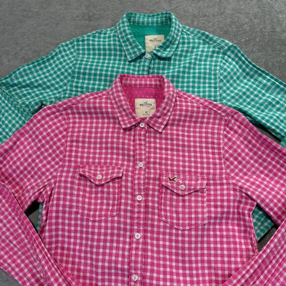 Hollister Gingham Checked Button Up Shirt‎ Pink Green White Double Gauze Logo XS - Picture 3 of 8
